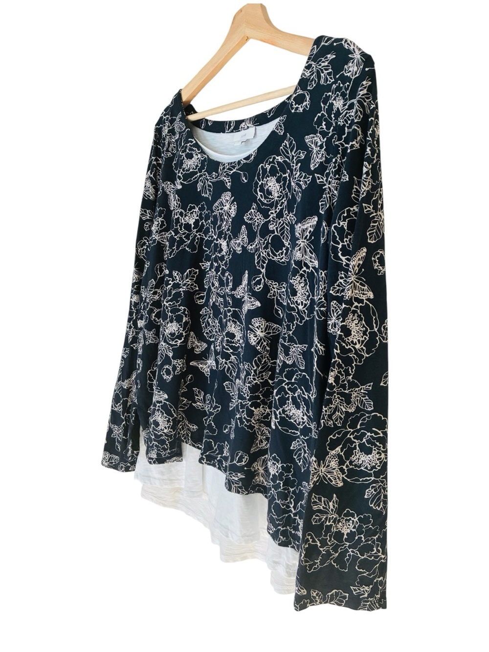 J. Jill Sz LARGE Navy Blue Floral Butterfly Print Layered Cotton Long-Sleeve Top - Picture 3 of 7